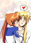  blonde_hair blush fate_testarossa kiss layla_(suptomat) lyrical_nanoha mahou_shoujo_lyrical_nanoha_strikers military military_uniform multiple_girls takamachi_nanoha tsab_air_military_uniform uniform yuri zoom_layer 