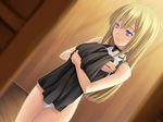  artist_request blonde_hair blue_eyes clothes_in_front dutch_angle game_cg highleg highleg_leotard kakuu_shoujo leotard long_hair sister_alicia solo undressing 