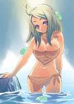  blue_eyes breasts cleavage green_hair large_breasts long_hair original solo thigh_gap tsuutenkaaku water 