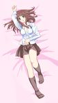  artist_request bed blush brown_hair green_eyes highres lying no_bra open_clothes open_mouth open_shirt setsuko_ohara shirt socks solo super_robot_wars super_robot_wars_z 