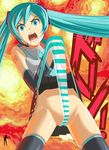  angry bare_shoulders cowboy_shot detached_sleeves egashira_2:50 explosion green_eyes green_hair hatsune_miku headset long_hair maldives panties parody shouting skirt skirt_lift solo stretch striped striped_panties thighhighs twintails underwear vocaloid wedgie 