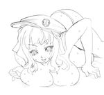  breast_press breasts copyright_request greyscale hat large_breasts long_hair lying monochrome solo sweat topless tsuutenkaaku 