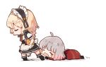  2girls ahegao blonde_hair boots candy chibi crying dragging eyes_closed food g36_(girls_frontline) gentiane_(girls_frontline) german_flag girls_frontline grey_hair maid maid_headdress military military_uniform multiple_girls shuzi snack uniform 