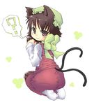  ? animal_ears brown_eyes brown_hair cat_ears cat_tail censored chen hat hebereke_black kneeling looking_at_viewer looking_back mosaic_censoring multiple_tails simple_background smile solo spoken_question_mark tabi tail touhou two_tails white_background white_legwear 