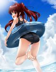  aloe_(quiz_magic_academy) ass back barefoot black_school_swimsuit feet fujioka_toki highres innertube legs looking_back one-piece_swimsuit quiz_magic_academy red_hair school_swimsuit solo swimsuit toe_scrunch twintails water 