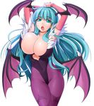  animal_print aqua_eyes aqua_hair arms_up bangs bat_print bat_wings breasts bridal_gauntlets bursting_breasts cleavage cowboy_shot demon_girl feathers head_wings heart_cutout highleg highleg_leotard huge_breasts leotard lipstick long_hair looking_at_viewer low_wings makeup morrigan_aensland open_mouth pantyhose potion_(moudamepo) print_legwear purple_legwear purple_wings simple_background slit_pupils solo standing succubus tongue tongue_out vampire_(game) very_long_hair white_background wings 