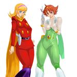  :o abs ahoge armor bangs belt blonde_hair blue_eyes blush bodysuit boots bracelet breasts brown_hair buttons cameltoe cape covered_nipples crossover curvy cyborg cyborg_009 francoise_arnoul green_bodysuit gun hair_ornament hairband hand_on_hip holding holster hyouga_senshi_gaislugger jewelry jpeg_artifacts knee_boots lipstick long_hair looking_at_viewer makeup medium_breasts multiple_girls nail_polish oldschool open_mouth pink_eyes pink_nails scarf short_hair simple_background skin_tight spiked_hair standing tani_mari thick_thighs thighs weapon white_background wide_hips zen_and_retro 