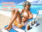  barefoot beach beer_can bikini_tan breast_hold breasts can chair cloud covering covering_breasts day earrings eyewear_on_head french huge_breasts jewelry looking_at_viewer lotion lounge_chair mars_symbol narukami_kaname_(flag_quarters) nipples non-web_source ocean original purple_eyes ranguage short_hair silver_hair smile solo sunglasses sunscreen tan tanline topless translated venus_symbol 