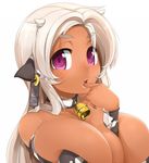  animal_ears bell bell_collar breast_press breasts cleavage collar cow_bell cow_ears cow_girl dark_skin deep_skin face finger_in_mouth highres horns huge_breasts long_hair original potion_(moudamepo) purple_eyes solo white_hair 