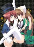  ass blush bottomless brown_hair doll_joints green_hair hat incest leg_lift long_hair multiple_girls red_hair ribbon room603 rozen_maiden short_hair siblings sisters sitting socks souseiseki standing suiseiseki thighhighs torn_clothes twincest twins white_legwear yuri 