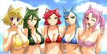  animal_ears bikini blond_hair blonde_hair blue_hair breasts cat_ears cleavage drill_hair female girl green_eyes green_hair lineup long_hair pink_eyes pink_hair purple_eyes red_hair short_hair smile swimsuit wink yellow_eyes 