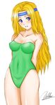  arms_behind_back bare_shoulders blonde_hair blue_eyes blush breasts breasts_apart celes_chere cleavage covered_navel covered_nipples cowboy_shot final_fantasy final_fantasy_vi green_leotard grin headband hips impossible_clothes impossible_leotard leotard long_hair looking_at_viewer medium_breasts sideboob signature simple_background smile solo standing strapless strapless_leotard thighs very_long_hair white_background yukihiro 