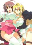  blonde_hair breast_press breasts cleavage huge_breasts long_hair multiple_girls musubi panties ryuuta_(msxtr) sekirei skirt symmetrical_docking thigh_strap thighhighs tsukiumi underwear white_panties wind wind_lift 