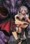  barefoot breasts cleavage copyright_request dark_skin demon_girl elf halterneck highres large_breasts misaki_kurehito open_mouth pointy_ears red_eyes silver_hair solo succubus thigh_strap toes wings 