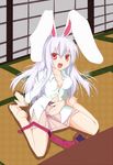  :d animal_ears barefoot breasts bunny_ears cleavage long_hair medium_breasts open_mouth purple_hair reisen_udongein_inaba ryu-tan shirt sitting skirt smile solo tatami touhou wariza 