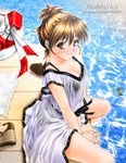  brown_eyes brown_hair dock original see-through sitting solo water yuuse_kouichi 