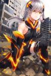  1girl bodysuit fu_hua_(honkai_impact) gloves honkai_(series) honkai_impact_3 kfr outdoors ponytail solo thighhighs white_hair yellow_eyes 