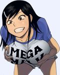  absurdres black_eyes black_hair breast_hold breasts clothes_writing colorized cross_eyed fang grin hair_ornament hairclip highres huge_breasts imageboard_colors leaning_forward long_hair mega_milk meme_attire original raglan_sleeves shiden_akira shorts smile solo 