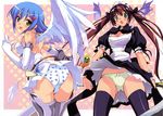  :p absurdres airi_(queen's_blade) angel angel_wings artist_request ass asymmetrical_wings bare_shoulders blue_hair blush breasts elbow_gloves gloves green_eyes highres medium_breasts multiple_girls nanael open_mouth panties pantyshot polka_dot polka_dot_panties queen's_blade red_hair short_hair thighhighs tongue tongue_out twintails underwear upskirt white_panties wings 