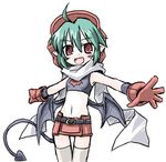  demon_tail gloves green_hair kugelschreiber looking_at_viewer open_mouth pointy_ears red_eyes rukia_moon shinrabanshou short_hair simple_background smile solo tail white_background wings 