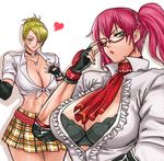  adjusting_eyewear bad_id bad_pixiv_id blonde_hair bra breasts candy_cane_(rumble_roses) cleavage cosplay costume_switch glasses gloves heart huge_breasts ibanen large_breasts lingerie midriff miss_spencer multiple_girls pink_hair rumble_roses side_ponytail sleeves_rolled_up underwear 
