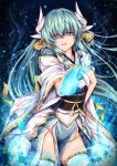  1girl absurdres aqua_hair aura bangs blush breasts cowboy_shot dragon_horns eyebrows_visible_through_hair fate/grand_order fate_(series) floating_hair hair_between_eyes hand_on_own_chest highres horns japanese_clothes kimono kiyohime_(fate/grand_order) kuromu large_breasts light_particles long_hair looking_at_viewer obi open_mouth pelvic_curtain sash shaded_face sidelocks smile solo thighhighs very_long_hair white_kimono white_legwear wide_sleeves yandere yellow_eyes 