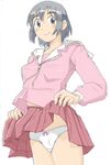  ayase_fuuka azumanga_daiou black_hair bow bow_panties cosplay creator_connection eyebrows highres panties sachisuke_masumura school_uniform short_hair skirt skirt_lift smile solo thick_eyebrows underwear yotsubato! 