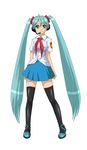  aqua_hair blue_eyes hair_ribbon hatsune_miku headphones huyase legs long_hair necktie ribbon skirt solo soviet soviet_pioneer thighhighs twintails very_long_hair vocaloid zettai_ryouiki 