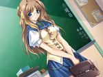  beat_angel_escalayer blue_eyes blush brown_hair game_cg glasses kouenji_sayuka long_hair onigirikun school_uniform solo 