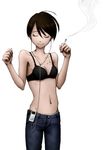  ahoge bad_id bad_pixiv_id black_bra black_hair bra cigarette closed_eyes closed_mouth denim digital_media_player earbuds earphones highres holding holding_cigarette ipod jeans navel original panties pants panty_peek short_hair simple_background siraha smile smoke smoking solo standing underwear white_background white_panties 