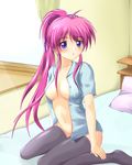  bed blue_eyes blush hair_ribbon koni long_hair open_clothes open_shirt original pink_hair ponytail ribbon shirt sitting solo thighhighs 