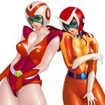  belt bodysuit breasts brown_eyes brown_hair covered_nipples gloves helmet large_breasts lipstick makeup makiba_hikaru maria_grace_fleed multicolored multicolored_bodysuit multicolored_clothes multiple_girls orange_bodysuit red_bodysuit skin_tight ufo_robo_grendizer visor zen_and_retro 