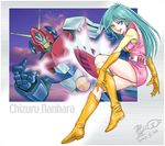  artist_request boots choudenji_robo_combattler_v combattler_v_(robot) gloves green_hair mecha nanbara_chizuru smile 