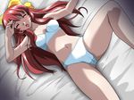  bed blush bra cameltoe character_request closed_eyes game_cg lingerie long_hair lying non-web_source panties red_hair solo underwear underwear_only yuuwaku 
