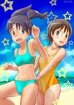  aisha_callaaisha amasawa_yuuko beach bikini black_hair blush brown_hair day dennou_coil glasses multiple_girls okonogi_yuuko one-piece_swimsuit short_hair swimsuit twintails 