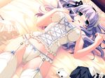  aqua_eyes bare_shoulders bed blue_eyes blush breasts cameltoe corset frills garter_belt gouen_no_soleil hair_ornament hair_ribbon highres inuu_ruru lace lace-trimmed_panties large_breasts lavender_hair long_hair lying maid maid_headdress midriff navel on_back open_mouth panties ribbon saeki_hokuto solo sweat thighhighs underwear wallpaper white_legwear white_panties 