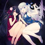  2girls :o achiki angel_wings armpits bare_arms bare_legs bare_shoulders bell black_footwear black_hair blue_dress blue_eyes blue_flower blush breasts china_dress chinese_clothes cleavage_cutout demon_wings dress fang floating_hair floral_print flower hair_between_eyes hair_flower hair_ornament hair_over_one_eye hand_holding hand_up jingle_bell knees_up long_hair looking_at_viewer multiple_girls one_side_up open_mouth original pelvic_curtain pink_flower purple_dress purple_eyes rose shoes short_dress short_sleeves sidelocks sleeveless sleeveless_dress small_breasts tassel thighs very_long_hair white_footwear white_hair wings 