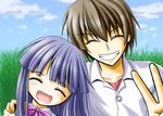  1girl blue_hair bow brown_hair furude_rika higurashi_no_naku_koro_ni long_hair maebara_keiichi pink_bow raika_haruna short_hair smile 