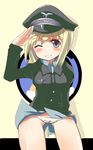  bad_id bad_pixiv_id blonde_hair blue_eyes comord erica_hartmann grin hat one_eye_closed panties salute short_hair smile solo strike_witches underwear world_witches_series 