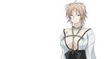  ahoge akitsu_(sekirei) between_breasts breasts brown_hair chain cleavage facial_mark forehead_mark frown grey_eyes highres japanese_clothes kimono large_breasts no_bra off_shoulder sekirei short_hair solo transparent_background vector_trace wallpaper yin_yang 