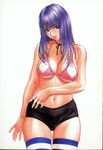  ass_visible_through_thighs bikini bikini_top blush breasts choker cleavage copyright_request covered_nipples cowboy_shot eyebrows_visible_through_hair halter_top halterneck heart heart_print highres huge_breasts inoue_takuya long_hair looking_at_viewer midriff navel neck_ribbon pink_eyes purple_hair ribbon scan short_shorts shorts simple_background solo striped striped_legwear swimsuit thighhighs white_background 