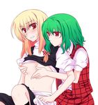  bad_id bad_pixiv_id blonde_hair breast_grab breasts grabbing green_hair kazami_yuuka kirisame_marisa long_hair multiple_girls nipples ribbon shino_(mijinko) short_hair small_breasts touhou yuri 