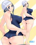  ass bad_id bad_pixiv_id barefoot blue_eyes blush breasts copyright_request feet huge_ass large_breasts long_hair monmonism one-piece_swimsuit school_swimsuit silver_hair smile solo swim_cap swimsuit 