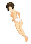  a1 absurdres ass barefoot blush breasts brown_hair crossed_ankles feet full_body hagiwara_yukiho highres idolmaster idolmaster_(classic) idolmaster_1 legs_together looking_at_viewer medium_breasts nipples panties panty_pull short_hair simple_background soles solo toes topless underwear white_background white_panties 