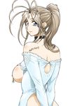  aa_megami-sama back belldandy blue_eyes breasts brown_hair collar earrings facial_mark forehead_mark highres jewelry joy_division large_breasts long_hair looking_back nipple_piercing nipples piercing ponytail smile solo tattoo 