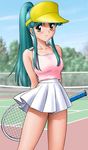  aqua_hair arms_behind_back blush breasts brown_eyes fubuki_kyouko medium_breasts plawres_sanshirou pleated_skirt ponytail racket shingyouji_tatsuya shirt skirt smile solo sportswear standing tank_top taut_clothes taut_shirt tennis_racket tennis_uniform visor_cap 