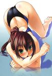  :o ass back barefoot bent_over blush bosshi brown_hair competition_swimsuit feet green_eyes highres mizugi_kanojo mizuho_(mizugi_kanojo) non-web_source one-piece_swimsuit open_mouth ponytail solo swimsuit top-down_bottom-up wet 