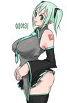  bad_id bad_pixiv_id breasts detached_sleeves green_eyes green_hair hatsune_miku huge_breasts monmonism necktie short_hair skirt solo thighhighs twintails vocaloid 