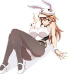  1girl animal_ears belt black_legwear blue_eyes blush breasts brown_hair bunny_ears bunnysuit charlotte_e_yeager eyebrows eyebrows_visible_through_hair hat high_heels large_breasts leotard looking_at_viewer monochrome_background nanashino open_mouth pantyhose shiny shiny_clothes shiny_hair simple_background solo strike_witches white_background white_footwear white_leotard world_witches_series wrist_cuffs 