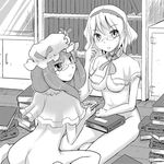  &gt;:( alice_margatroid areolae ass bespectacled bonnet book book_stack bookshelf bottomless breasts capelet frown glasses greyscale hairband hat indoors kou_(haijindeath) long_hair looking_at_viewer looking_back medium_breasts monochrome multiple_girls no_bra open_book patchouli_knowledge short_hair sitting touhou underboob v-shaped_eyebrows wariza yokozuwari yuri 